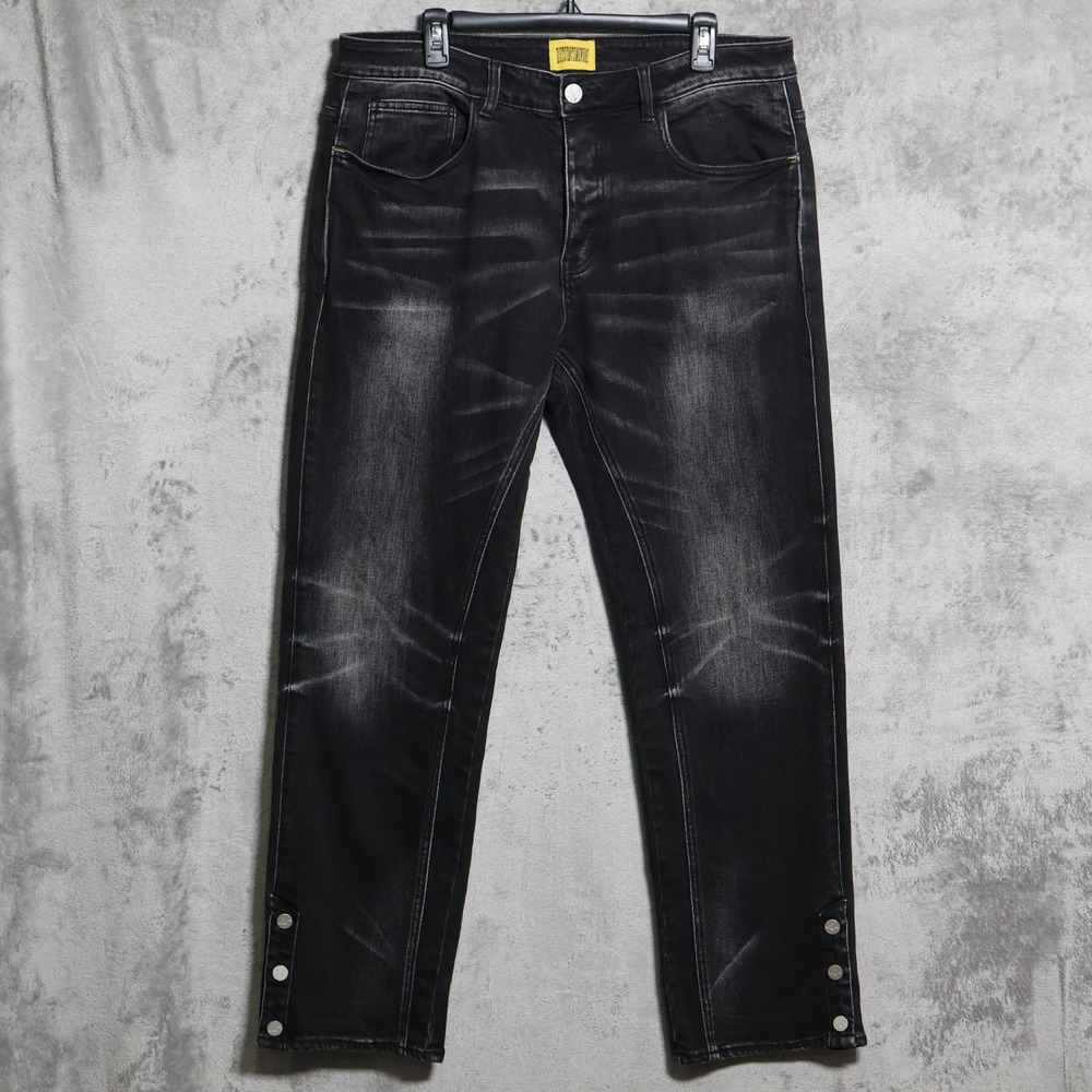 Diet Starts Monday Jeans Mens 36x32 Black Denim Snap Hem Distressed Whiskering